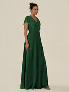 KissDress-Aven Dark Green A Line Chiffon Cap Sleeves V Neck Pleated Long Bridesmaid Dress with Slit