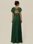 KissDress-Aven Dark Green A Line Chiffon Cap Sleeves V Neck Pleated Long Bridesmaid Dress with Slit