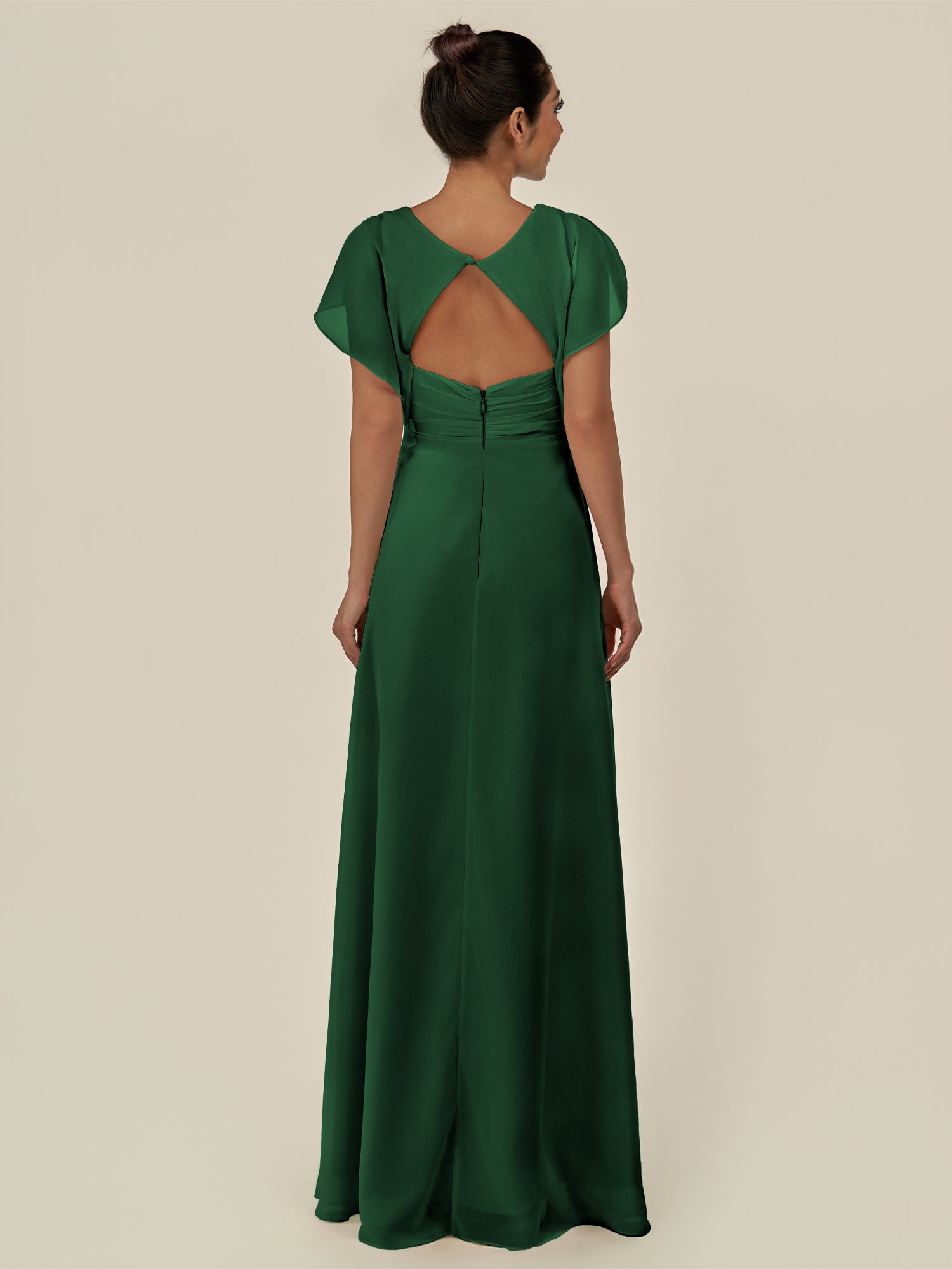KissDress-Aven Dark Green A Line Chiffon Cap Sleeves V Neck Pleated Long Bridesmaid Dress with Slit