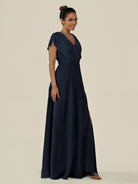KissDress-Aven Dark Navy A Line Chiffon Cap Sleeves V Neck Pleated Long Bridesmaid Dress with Slit
