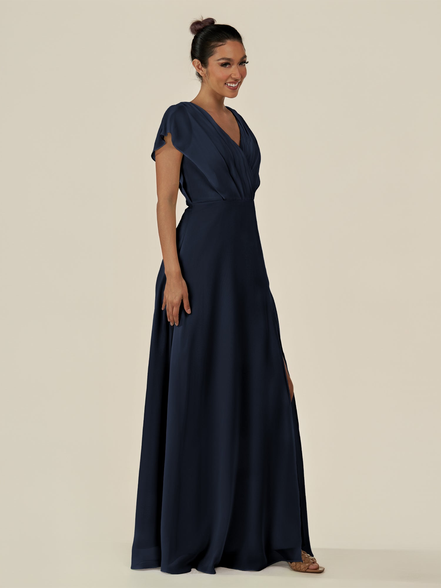 KissDress-Aven Dark Navy A Line Chiffon Cap Sleeves V Neck Pleated Long Bridesmaid Dress with Slit