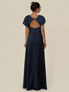 KissDress-Aven Dark Navy A Line Chiffon Cap Sleeves V Neck Pleated Long Bridesmaid Dress with Slit