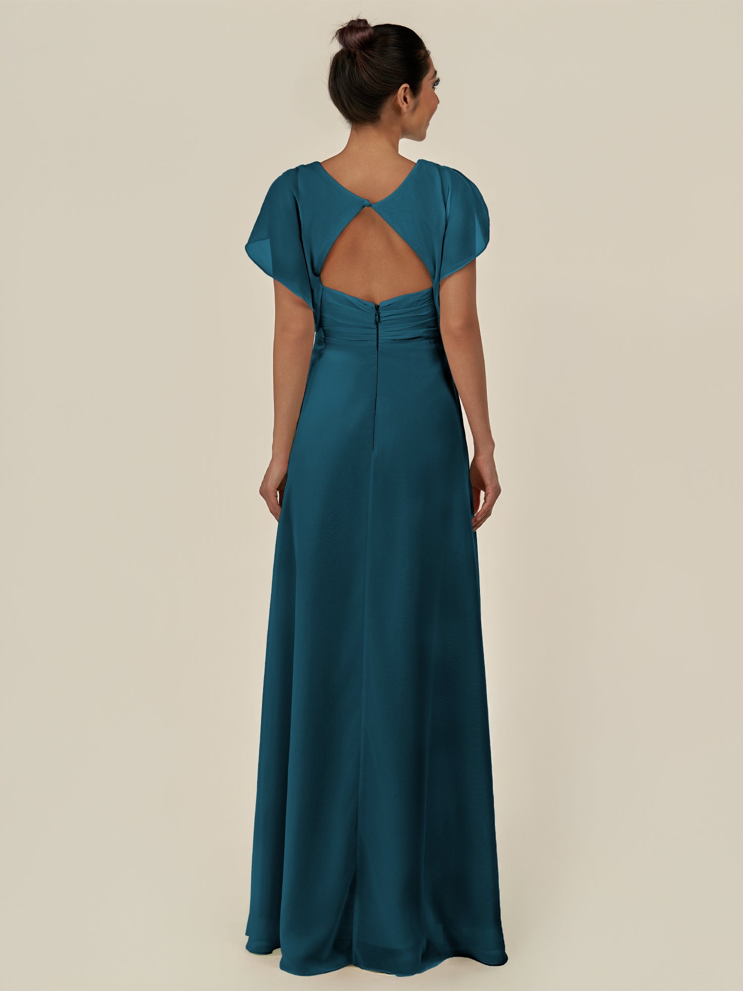 KissDress-Aven Dark Teal A Line Chiffon Cap Sleeves V Neck Pleated Long Bridesmaid Dress with Slit