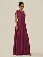 KissDress-Aven Desert Rose A Line Chiffon Cap Sleeves V Neck Pleated Long Bridesmaid Dress with Slit