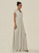 KissDress-Aven Dove Gray A Line Chiffon Cap Sleeves V Neck Pleated Long Bridesmaid Dress with Slit