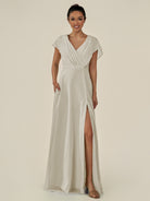 KissDress-Aven Dove Gray A Line Chiffon Cap Sleeves V Neck Pleated Long Bridesmaid Dress with Slit