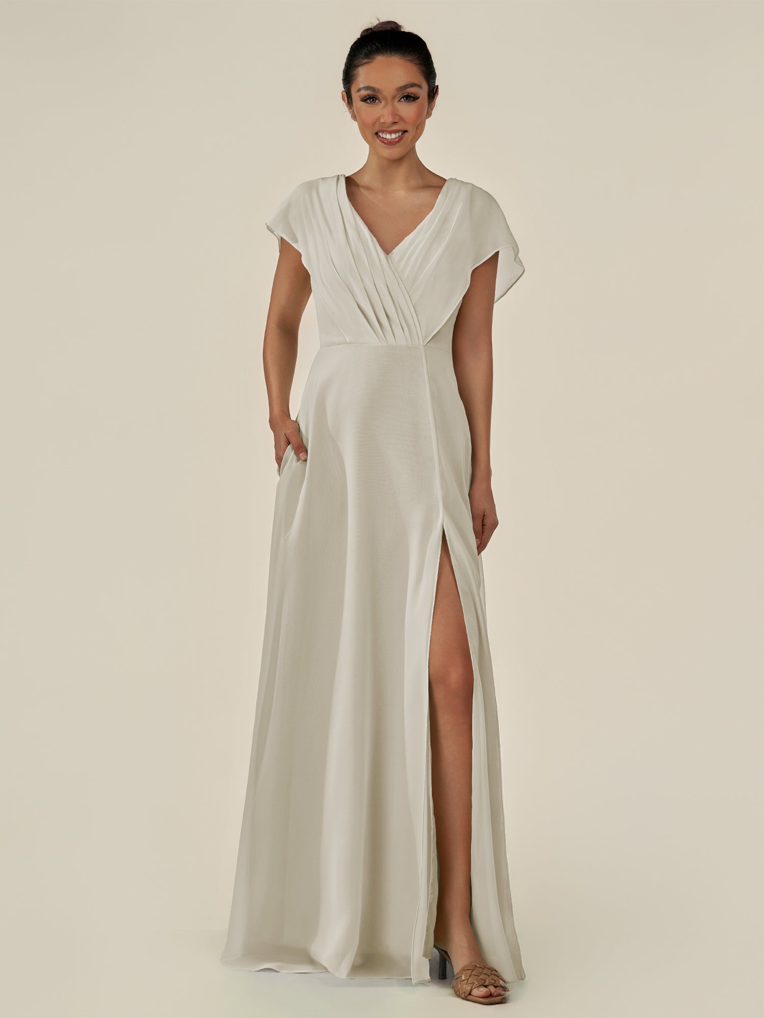 KissDress-Aven Dove Gray A Line Chiffon Cap Sleeves V Neck Pleated Long Bridesmaid Dress with Slit