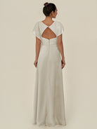 KissDress-Aven Dove Gray A Line Chiffon Cap Sleeves V Neck Pleated Long Bridesmaid Dress with Slit