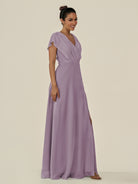 KissDress-Aven Dusk A Line Chiffon Cap Sleeves V Neck Pleated Long Bridesmaid Dress with Slit