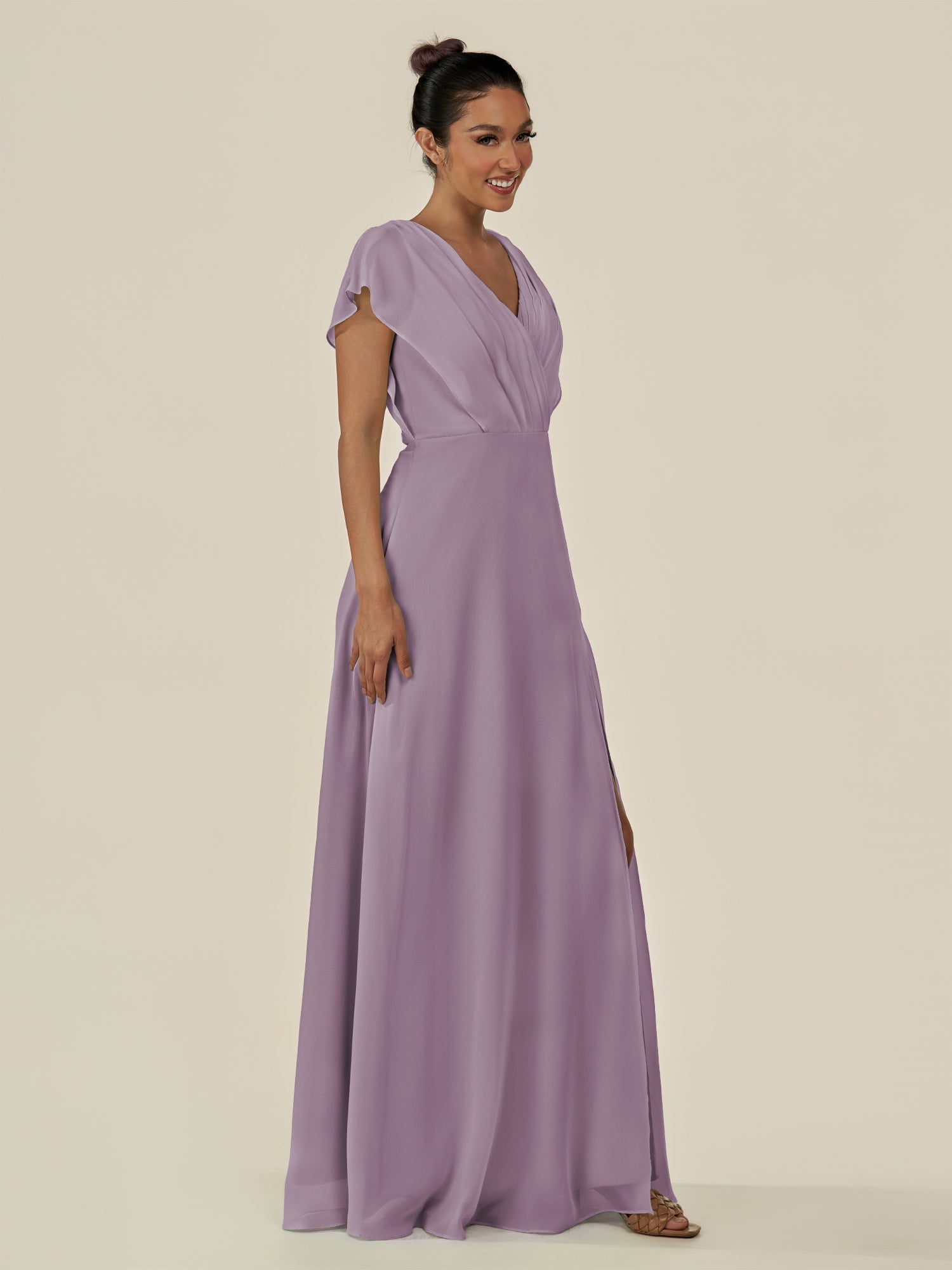 KissDress-Aven Dusk A Line Chiffon Cap Sleeves V Neck Pleated Long Bridesmaid Dress with Slit