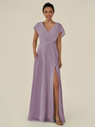 KissDress-Aven Dusk A Line Chiffon Cap Sleeves V Neck Pleated Long Bridesmaid Dress with Slit