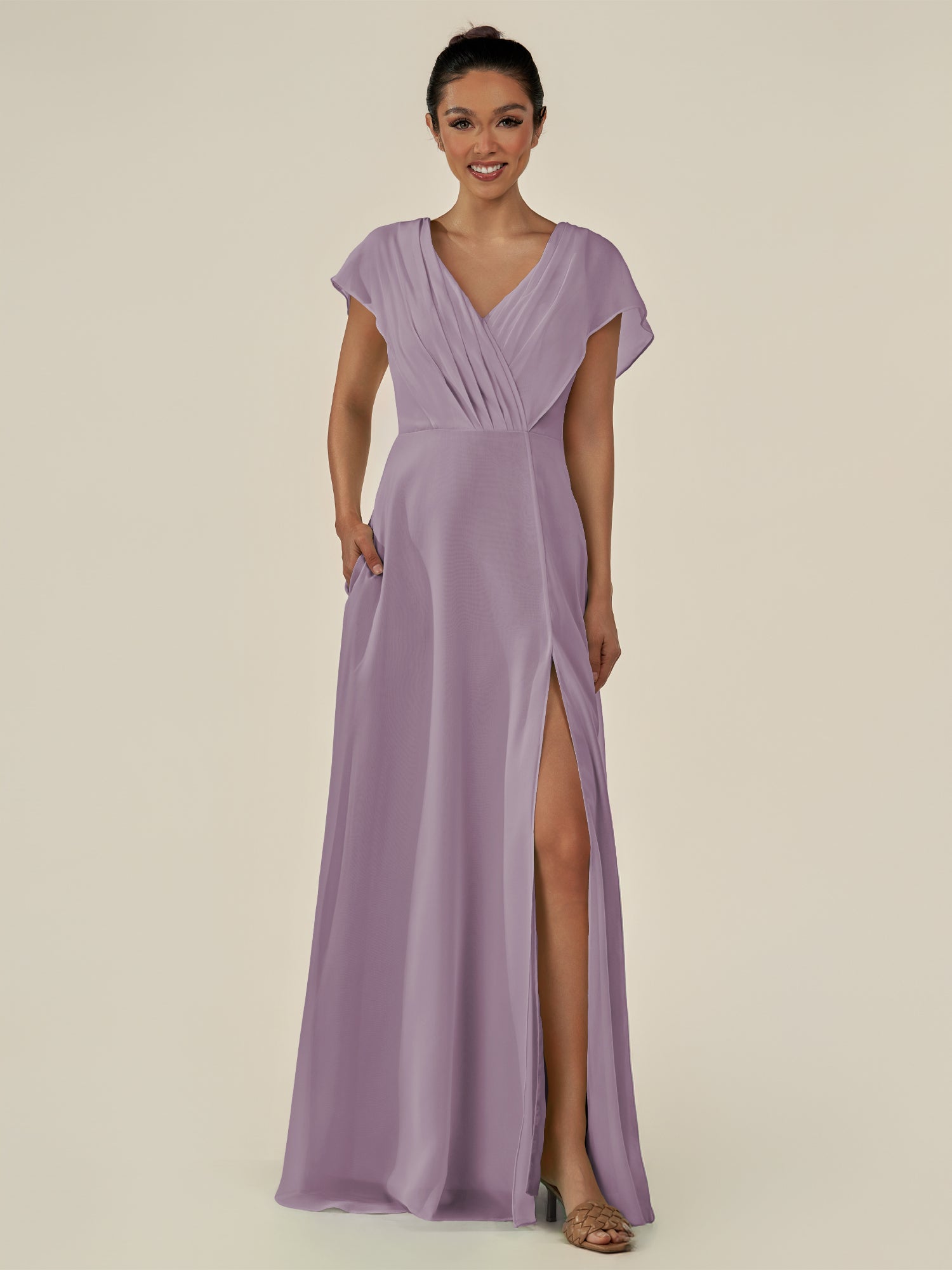 KissDress-Aven Dusk A Line Chiffon Cap Sleeves V Neck Pleated Long Bridesmaid Dress with Slit