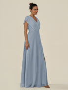 KissDress-Aven Dusty Blue A Line Chiffon Cap Sleeves V Neck Pleated Long Bridesmaid Dress with Slit
