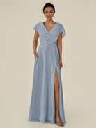 KissDress-Aven Dusty Blue A Line Chiffon Cap Sleeves V Neck Pleated Long Bridesmaid Dress with Slit