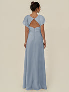 KissDress-Aven Dusty Blue A Line Chiffon Cap Sleeves V Neck Pleated Long Bridesmaid Dress with Slit