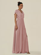KissDress-Aven Dusty Rose A Line Chiffon Cap Sleeves V Neck Pleated Long Bridesmaid Dress with Slit