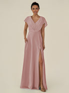 KissDress-Aven Dusty Rose A Line Chiffon Cap Sleeves V Neck Pleated Long Bridesmaid Dress with Slit
