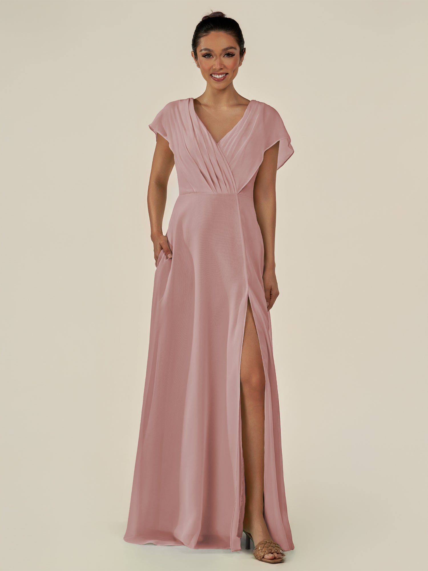 KissDress-Aven Dusty Rose A Line Chiffon Cap Sleeves V Neck Pleated Long Bridesmaid Dress with Slit