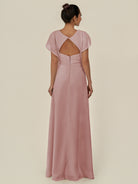 KissDress-Aven Dusty Rose A Line Chiffon Cap Sleeves V Neck Pleated Long Bridesmaid Dress with Slit