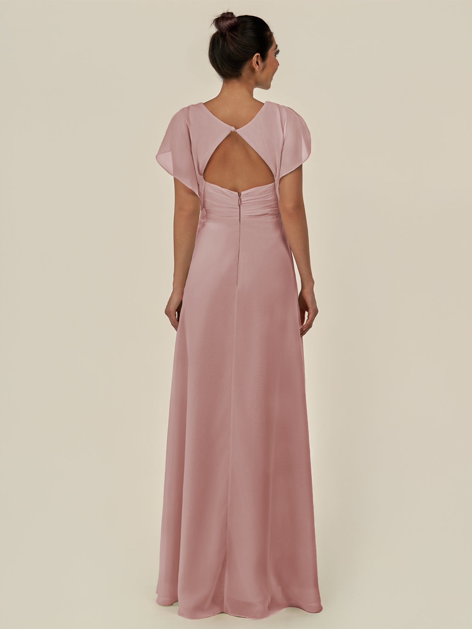 KissDress-Aven Dusty Rose A Line Chiffon Cap Sleeves V Neck Pleated Long Bridesmaid Dress with Slit