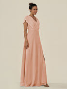 KissDress-Aven English Rose A Line Chiffon Cap Sleeves V Neck Pleated Long Bridesmaid Dress with Slit