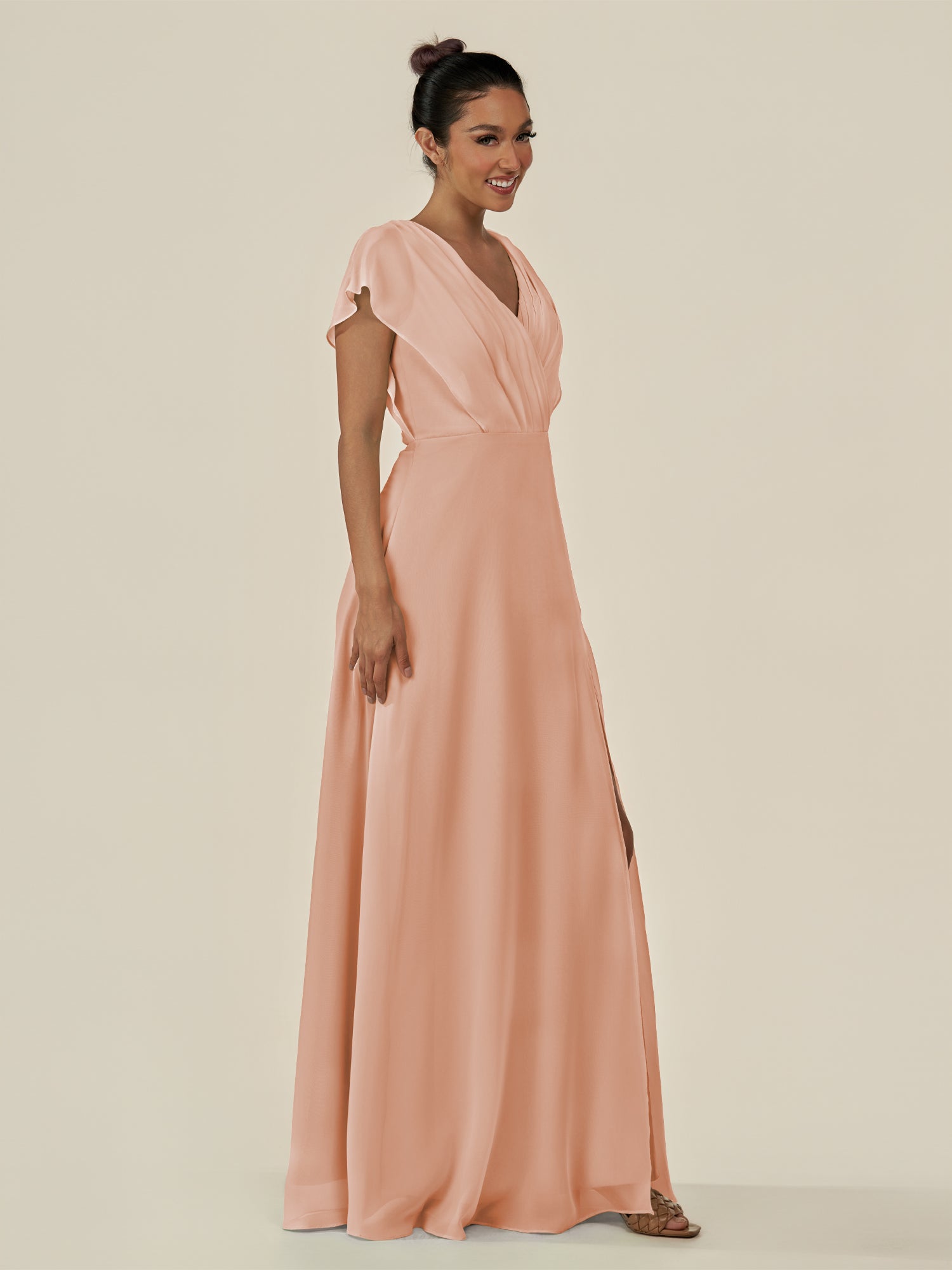 KissDress-Aven English Rose A Line Chiffon Cap Sleeves V Neck Pleated Long Bridesmaid Dress with Slit