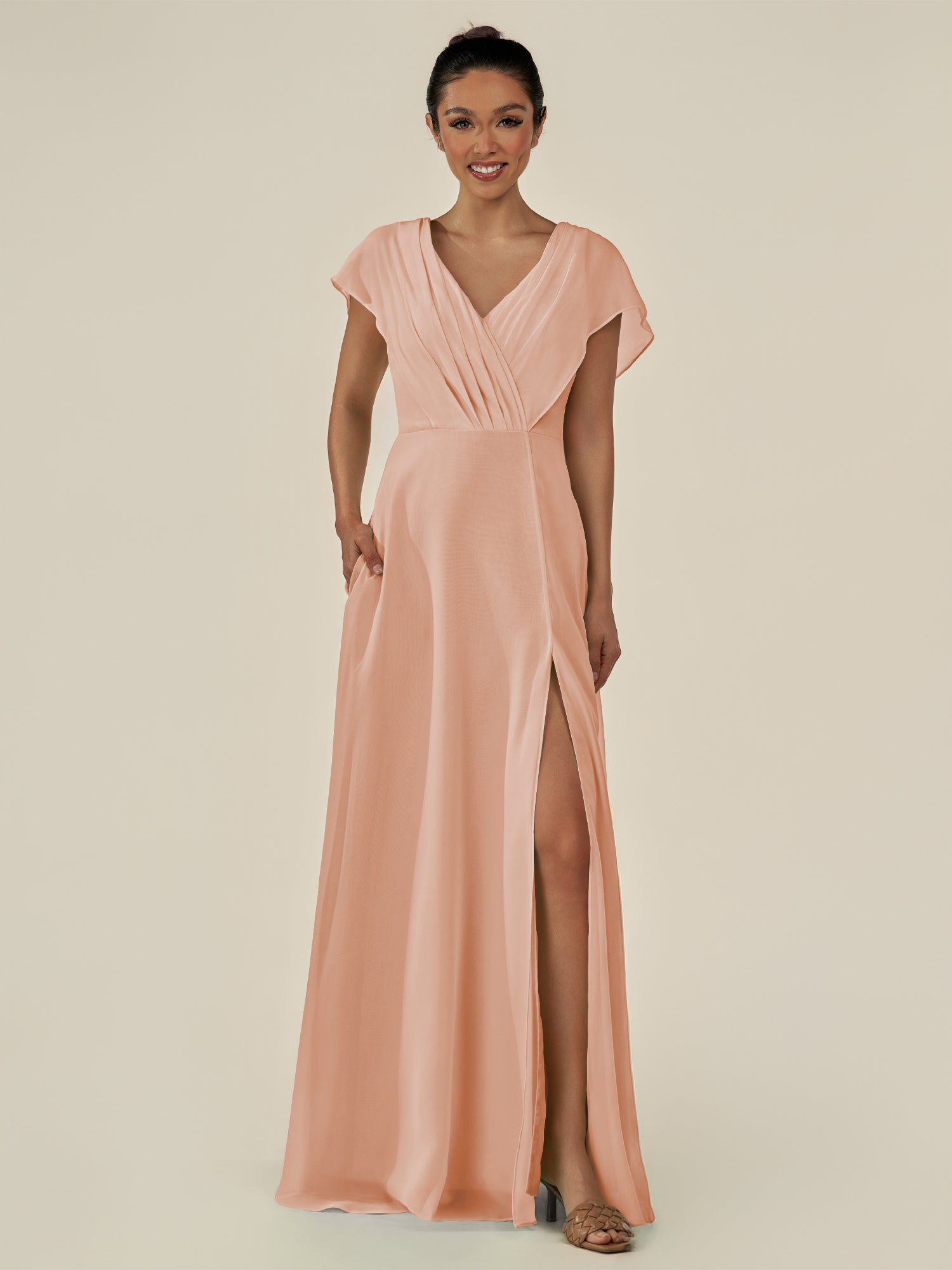 KissDress-Aven English Rose A Line Chiffon Cap Sleeves V Neck Pleated Long Bridesmaid Dress with Slit