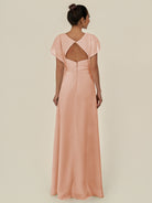 KissDress-Aven English Rose A Line Chiffon Cap Sleeves V Neck Pleated Long Bridesmaid Dress with Slit