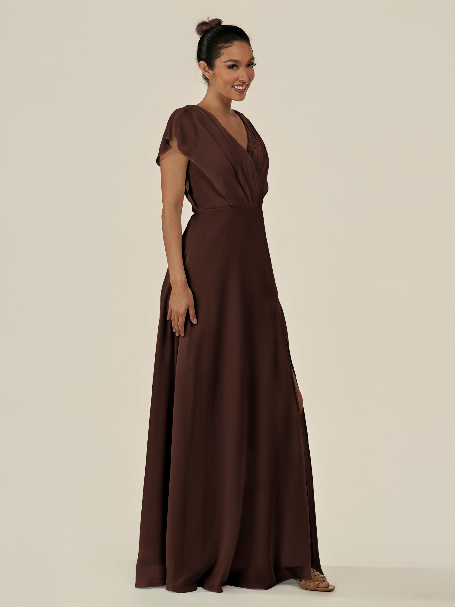 KissDress-Aven Espresso A Line Chiffon Cap Sleeves V Neck Pleated Long Bridesmaid Dress with Slit