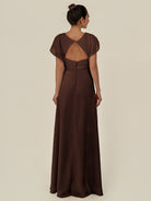 KissDress-Aven Espresso A Line Chiffon Cap Sleeves V Neck Pleated Long Bridesmaid Dress with Slit
