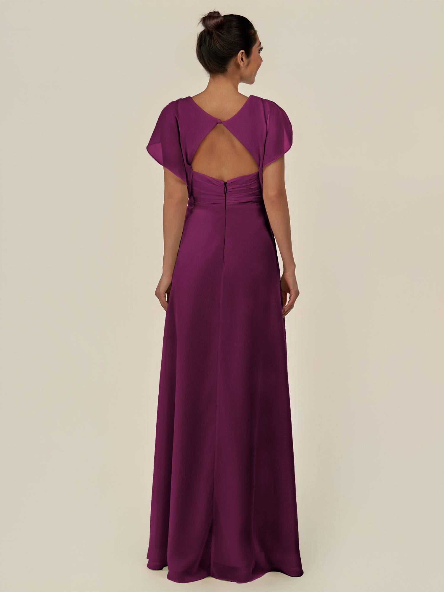 KissDress-Aven Fig A Line Chiffon Cap Sleeves V Neck Pleated Long Bridesmaid Dress with Slit