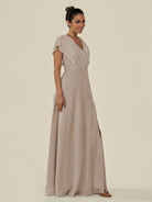 KissDress-Aven Frost A Line Chiffon Cap Sleeves V Neck Pleated Long Bridesmaid Dress with Slit