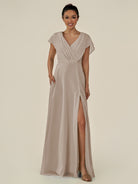 KissDress-Aven Frost A Line Chiffon Cap Sleeves V Neck Pleated Long Bridesmaid Dress with Slit