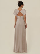 KissDress-Aven Frost A Line Chiffon Cap Sleeves V Neck Pleated Long Bridesmaid Dress with Slit