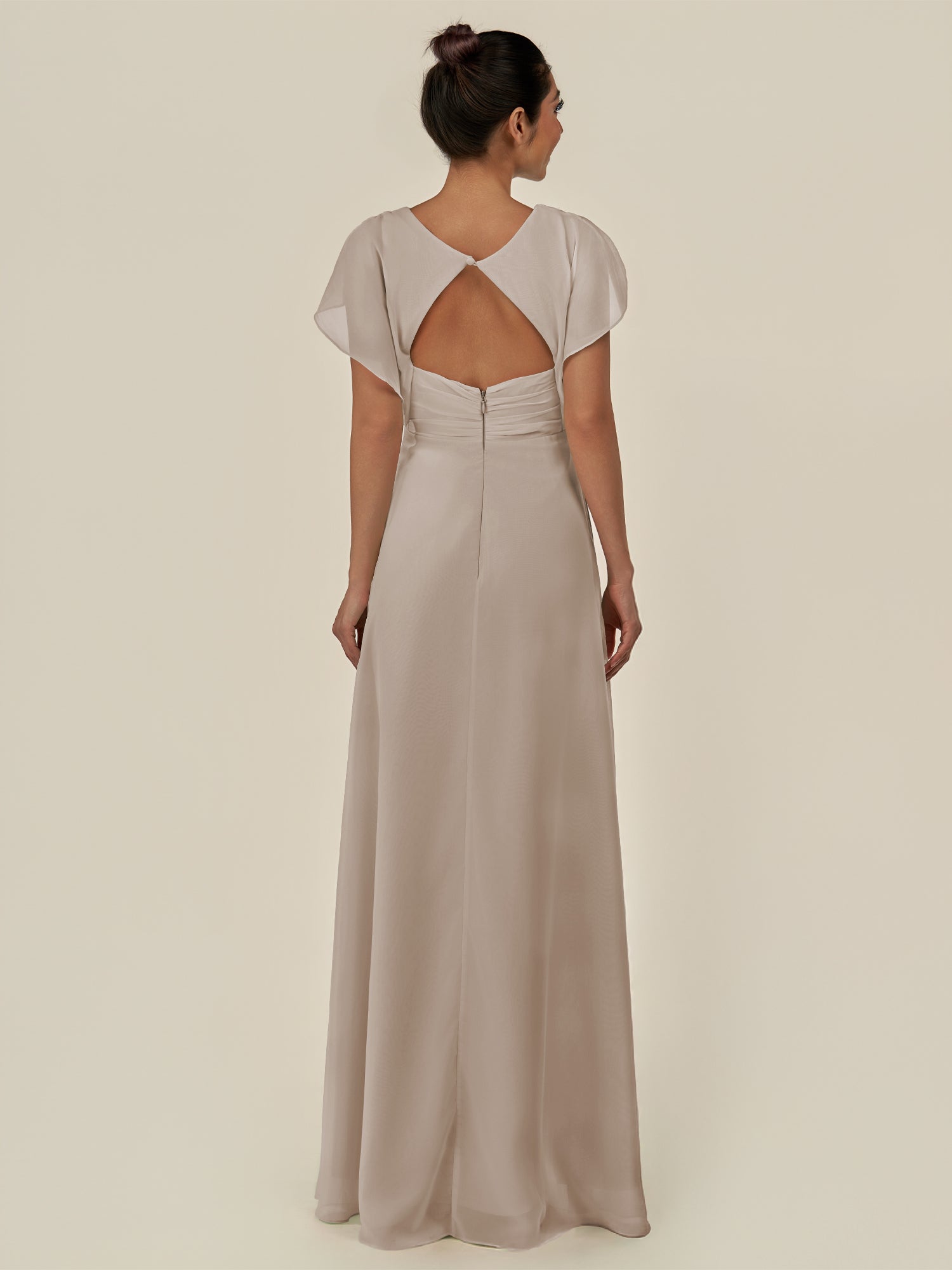 KissDress-Aven Frost A Line Chiffon Cap Sleeves V Neck Pleated Long Bridesmaid Dress with Slit