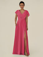 KissDress-Aven Fuchsia A Line Chiffon Cap Sleeves V Neck Pleated Long Bridesmaid Dress with Slit
