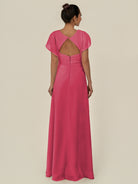 KissDress-Aven Fuchsia A Line Chiffon Cap Sleeves V Neck Pleated Long Bridesmaid Dress with Slit