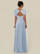KissDress-Aven Ice A Line Chiffon Cap Sleeves V Neck Pleated Long Bridesmaid Dress with Slit