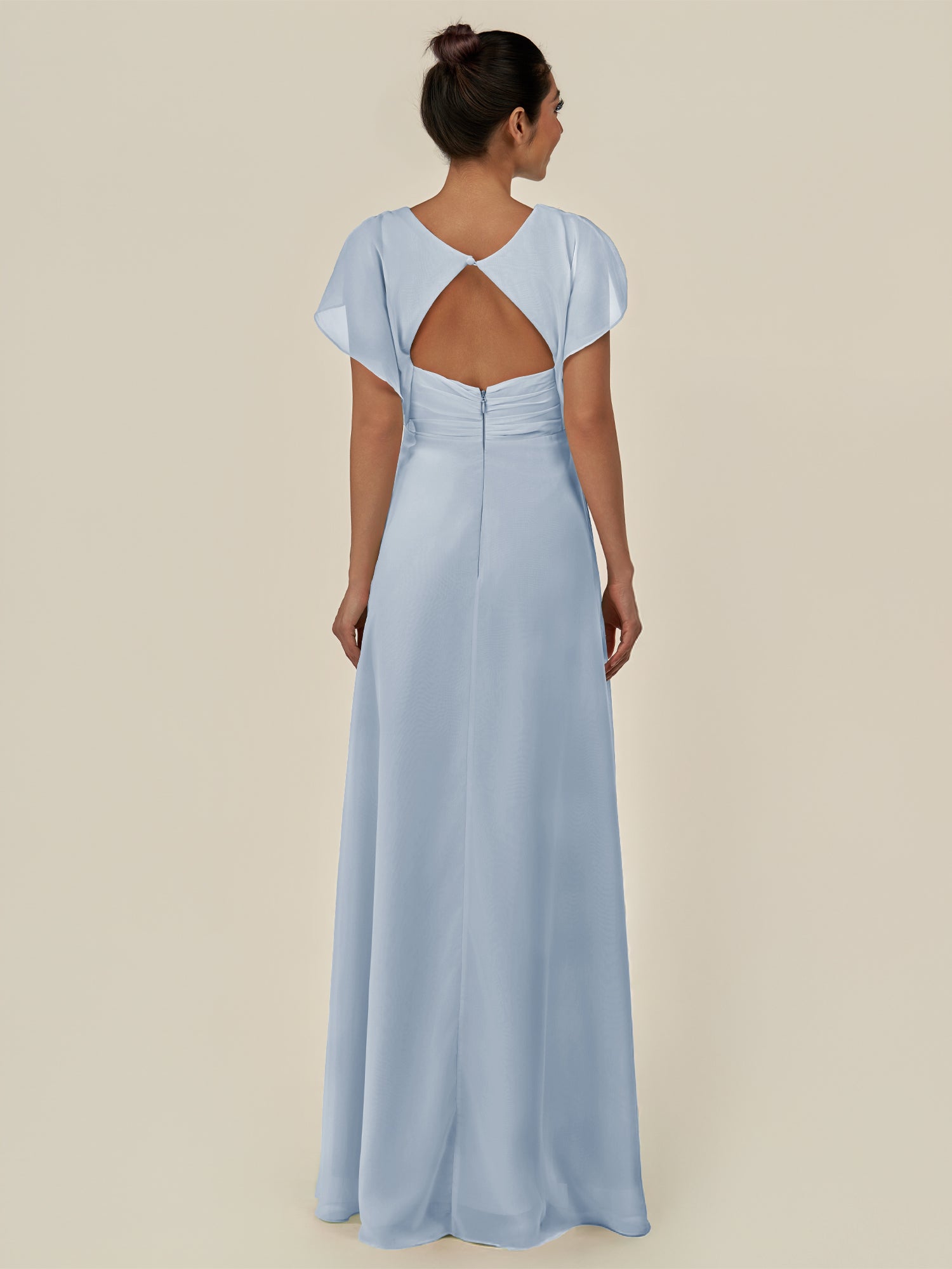 KissDress-Aven Ice A Line Chiffon Cap Sleeves V Neck Pleated Long Bridesmaid Dress with Slit