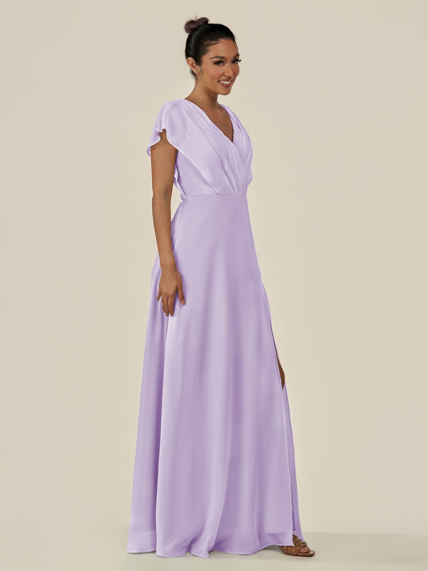 KissDress-Aven Lavender A Line Chiffon Cap Sleeves V Neck Pleated Long Bridesmaid Dress with Slit