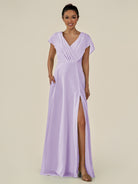 KissDress-Aven Lavender A Line Chiffon Cap Sleeves V Neck Pleated Long Bridesmaid Dress with Slit