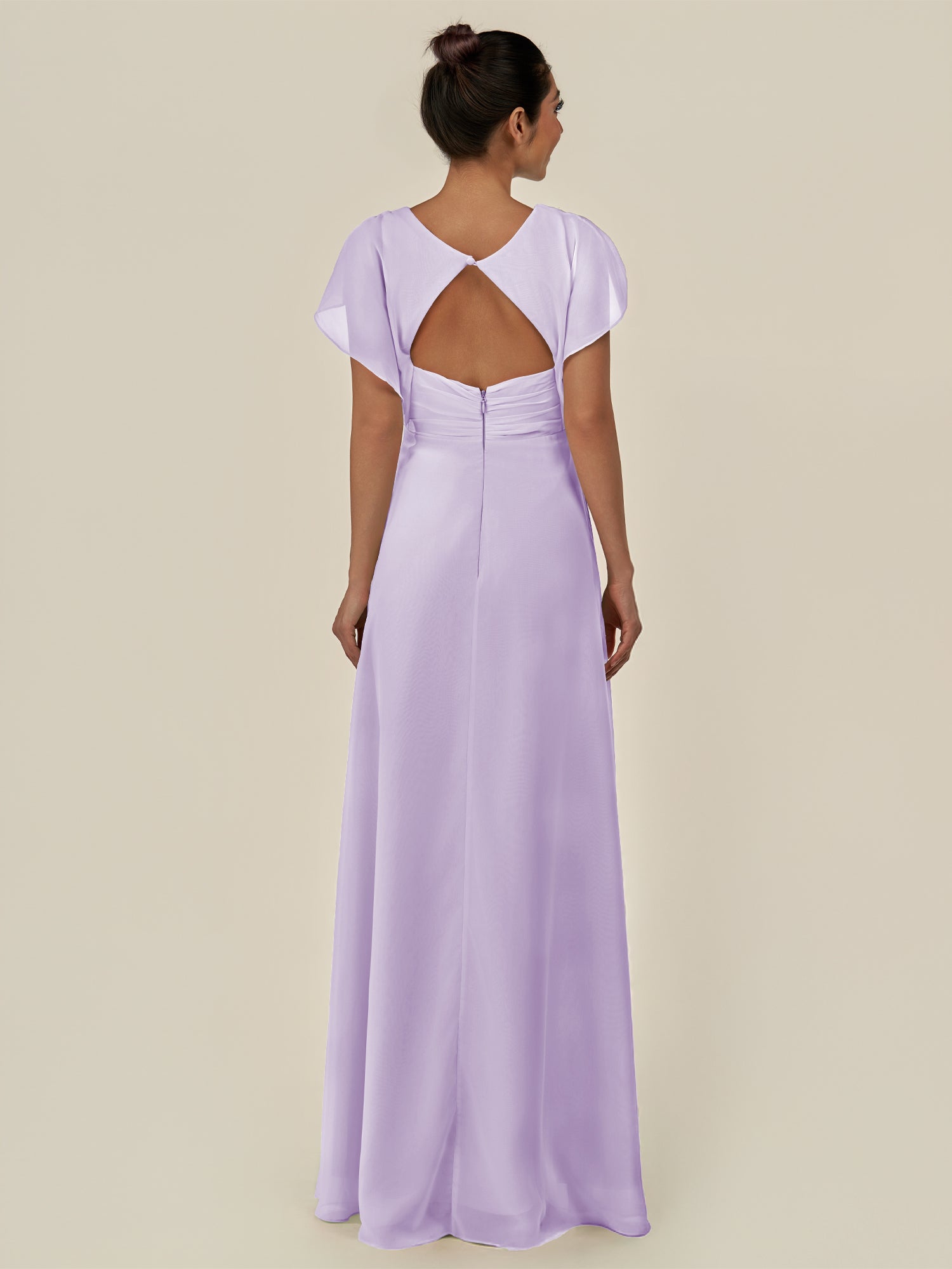 KissDress-Aven Lavender A Line Chiffon Cap Sleeves V Neck Pleated Long Bridesmaid Dress with Slit