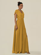 KissDress-Aven Marigold A Line Chiffon Cap Sleeves V Neck Pleated Long Bridesmaid Dress with Slit