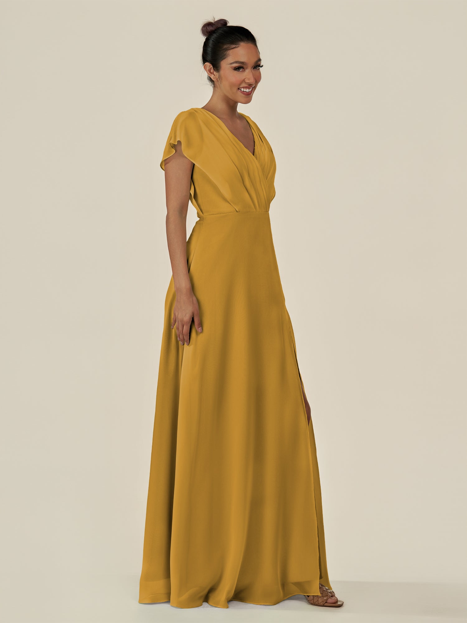 KissDress-Aven Marigold A Line Chiffon Cap Sleeves V Neck Pleated Long Bridesmaid Dress with Slit