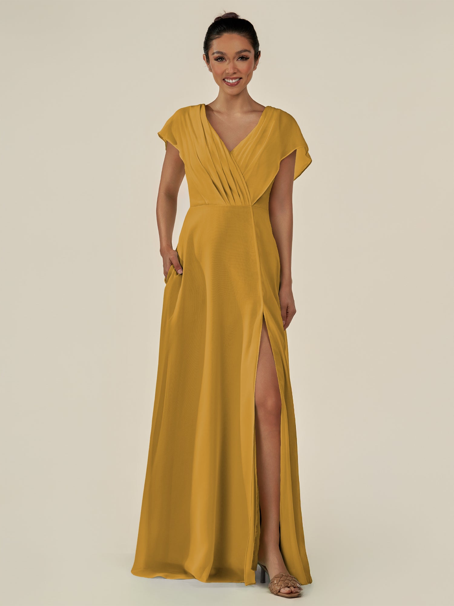 KissDress-Aven Marigold A Line Chiffon Cap Sleeves V Neck Pleated Long Bridesmaid Dress with Slit
