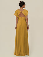 KissDress-Aven Marigold A Line Chiffon Cap Sleeves V Neck Pleated Long Bridesmaid Dress with Slit