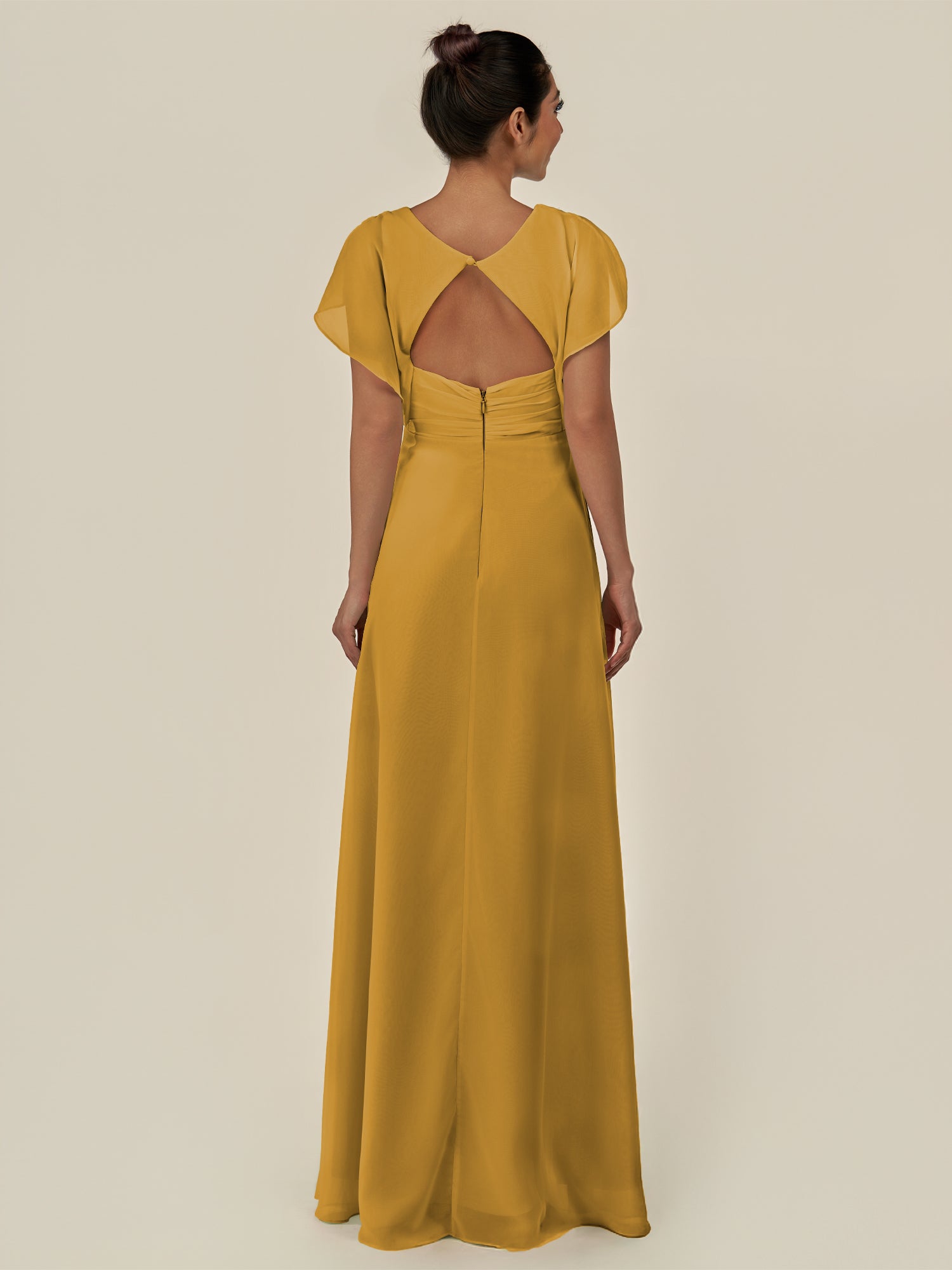 KissDress-Aven Marigold A Line Chiffon Cap Sleeves V Neck Pleated Long Bridesmaid Dress with Slit