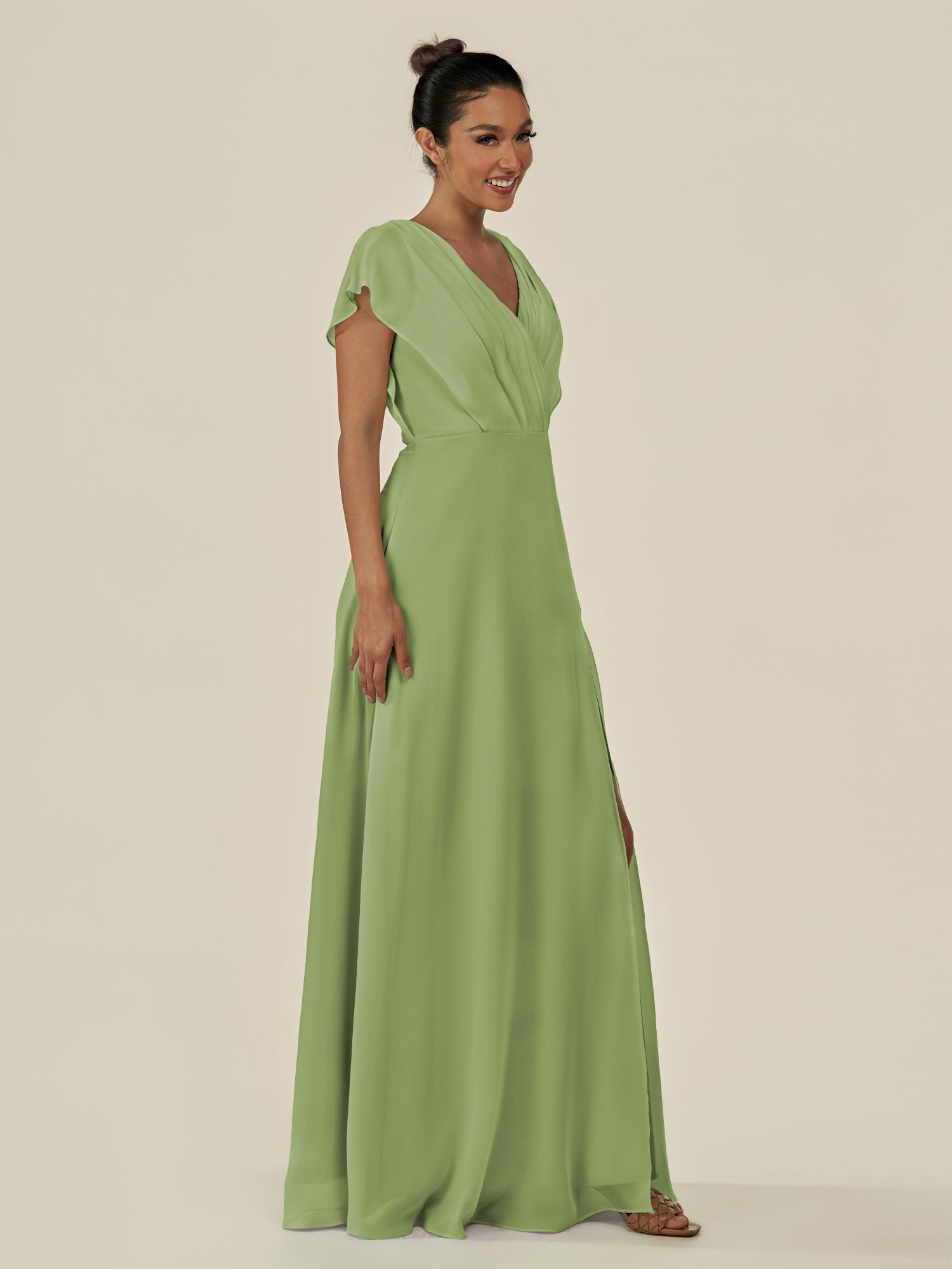 KissDress-Aven Matcha A Line Chiffon Cap Sleeves V Neck Pleated Long Bridesmaid Dress with Slit