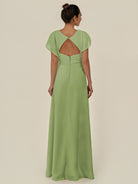 KissDress-Aven Matcha A Line Chiffon Cap Sleeves V Neck Pleated Long Bridesmaid Dress with Slit
