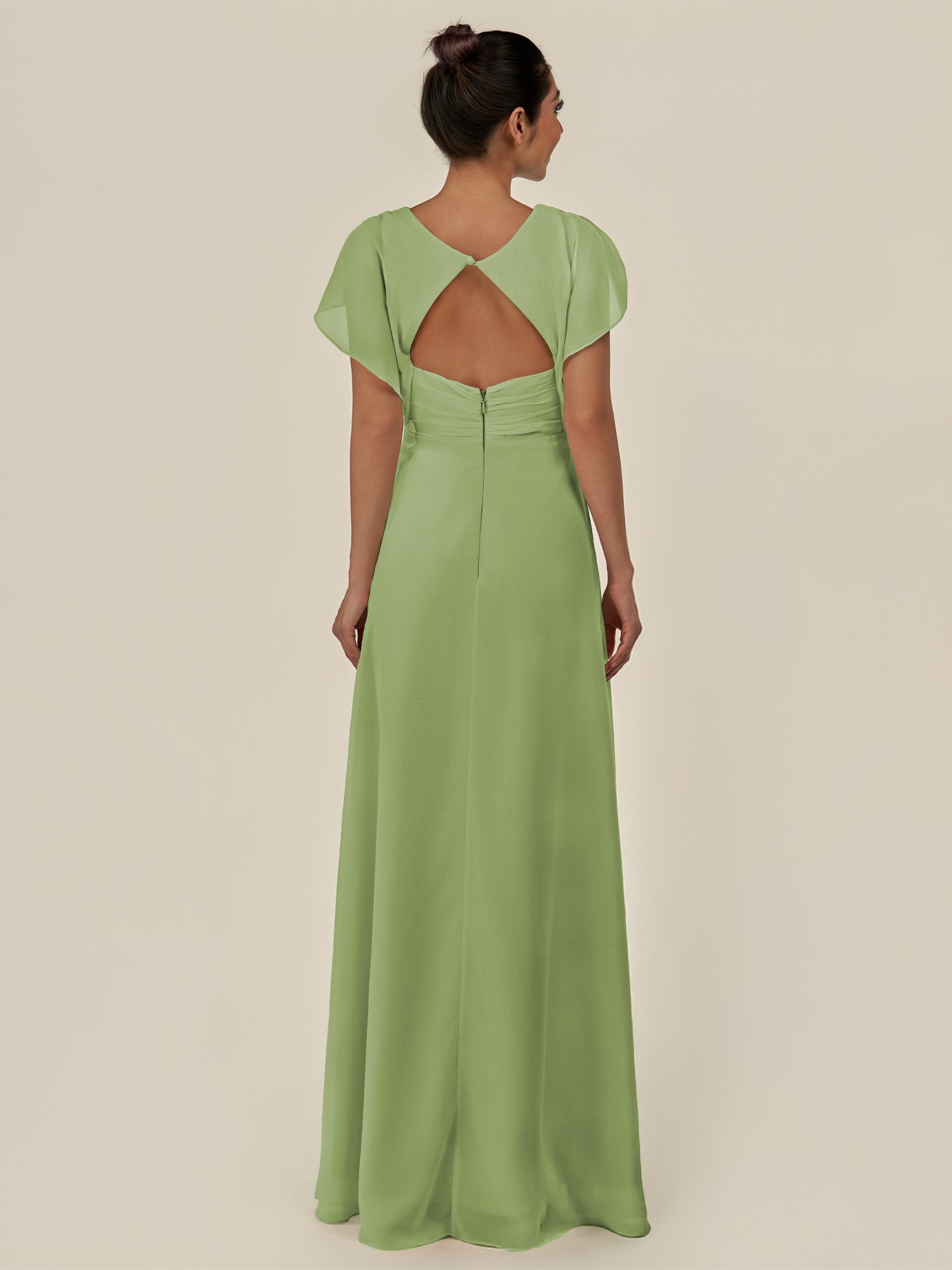KissDress-Aven Matcha A Line Chiffon Cap Sleeves V Neck Pleated Long Bridesmaid Dress with Slit